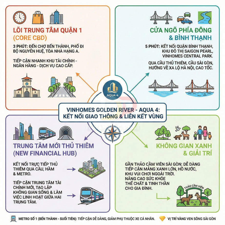 Infographic giới thiệu vị trí kết nối giao thông và tiện ích của dự án Vinhomes Golden River Aqua 4 tại trung tâm TP HCM