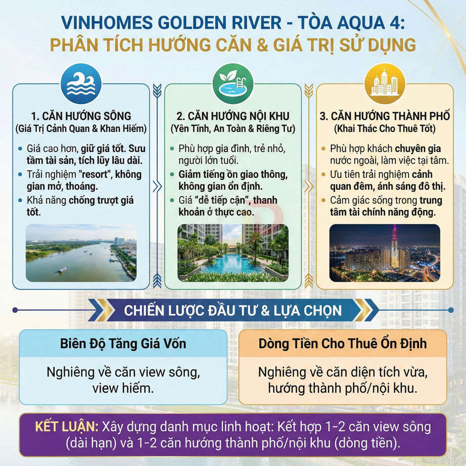 Infographic phân tích hướng căn và giá trị sử dụng căn hộ Vinhomes Golden River tòa Aqua 4