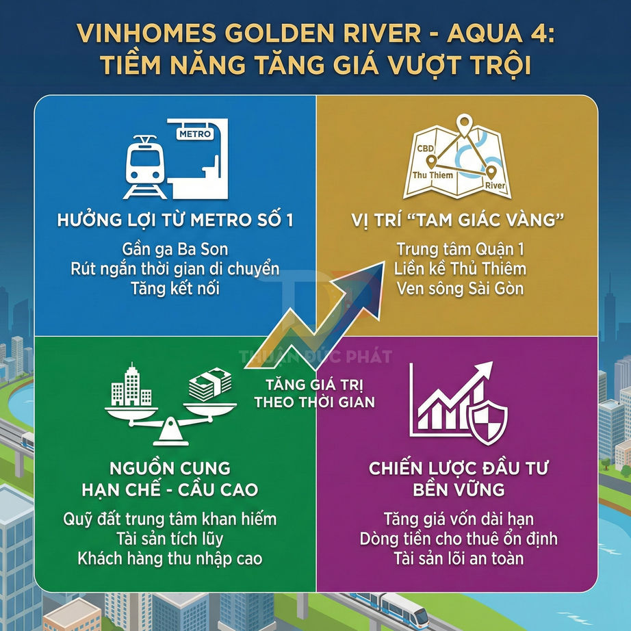 Infographic giới thiệu tiềm năng tăng giá dự án căn hộ Vinhomes Golden River Aqua 4 tại trung tâm Quận 1
