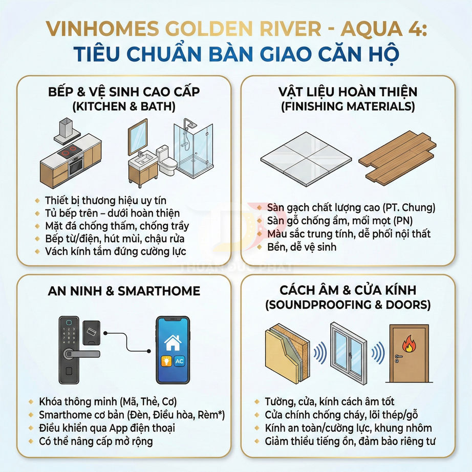 Tiêu chuẩn bàn giao căn hộ Vinhomes Golden River Aqua 4 với bếp, vật liệu hoàn thiện, an ninh smarthome, cách âm cửa kính