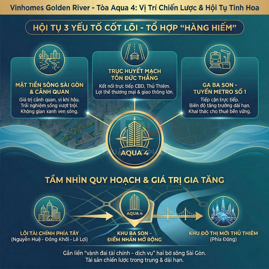 Infographic giới thiệu vị trí chiến lược và giá trị gia tăng của tòa Aqua 4 thuộc dự án Vinhomes Golden River