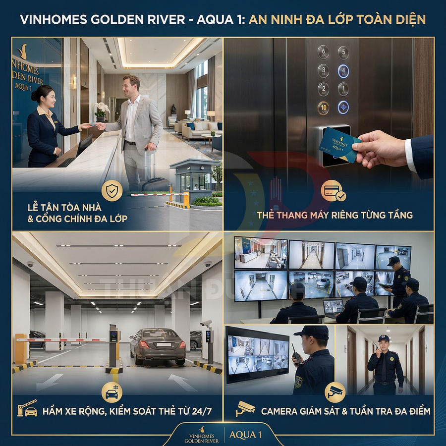 Hệ thống an ninh đa lớp tại chung cư Vinhomes Golden River Aqua 1 với lễ tân, thẻ thang máy, hầm xe và camera giám sát
