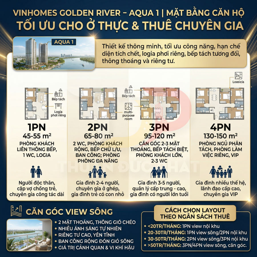 Mặt bằng căn hộ Vinhomes Golden River Aqua 1 với các lựa chọn 1PN đến 4PN tối ưu cho ở thực và cho thuê