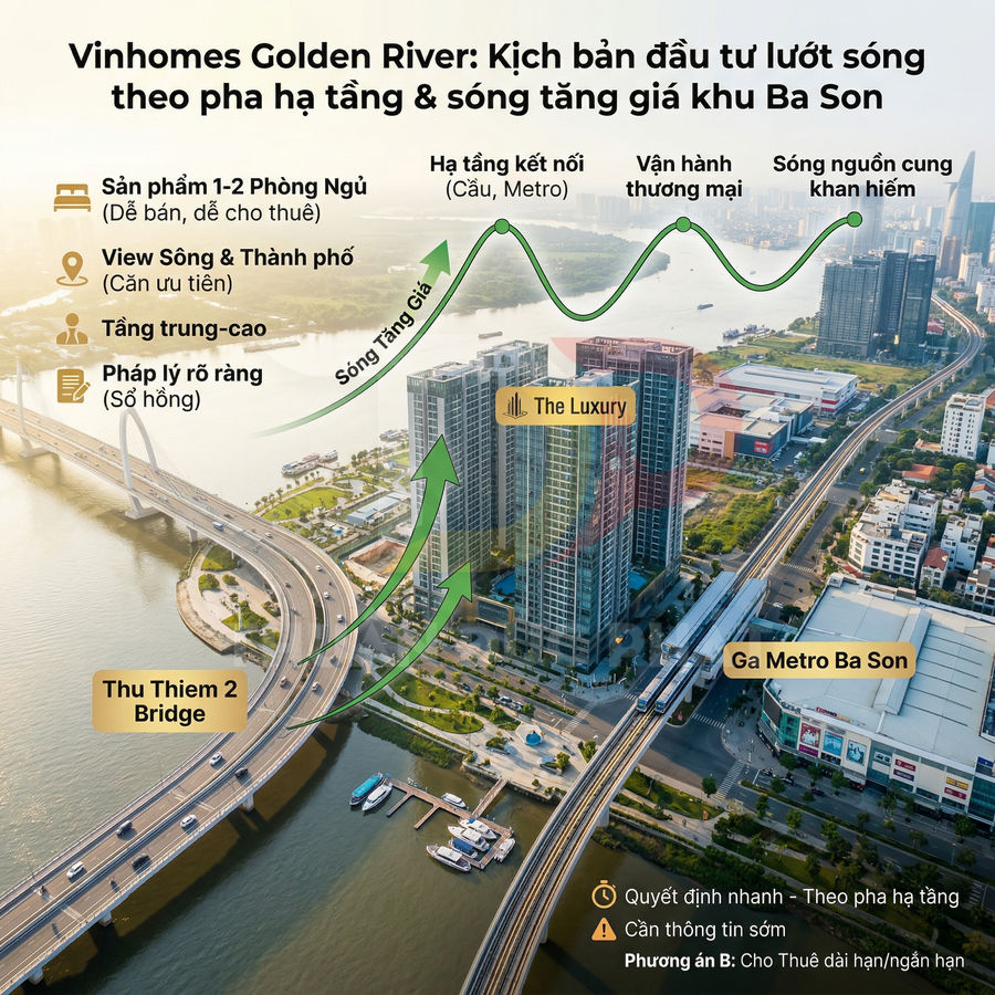 Vinhomes Golden River Ba Son với tháp The Luxury bên sông Sài Gòn gần cầu Thủ Thiêm 2 và ga metro Ba Son