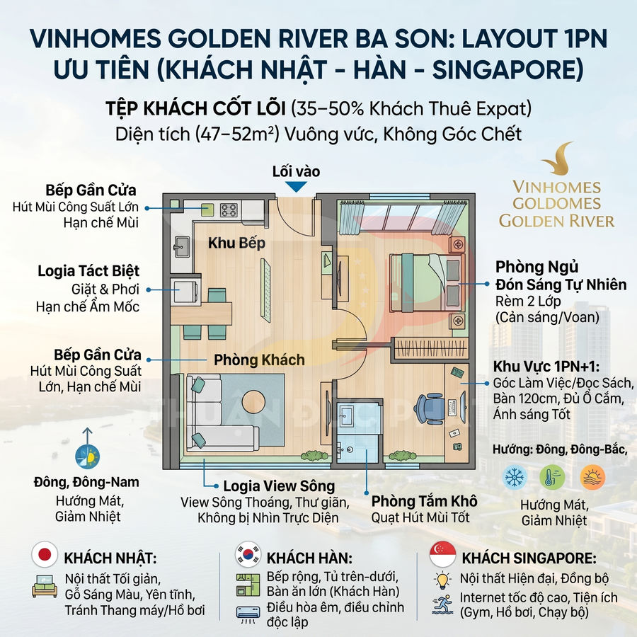 Mặt bằng căn hộ 1 phòng ngủ Vinhomes Golden River Ba Son với phòng khách, bếp, logia và phòng ngủ đón sáng