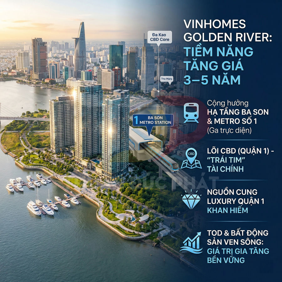 Phối cảnh dự án căn hộ Vinhomes Golden River bên sông Sài Gòn cạnh ga metro Ba Son và trung tâm tài chính quận 1