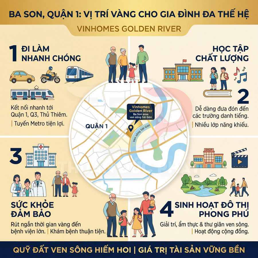 Infographic giới thiệu vị trí dự án Vinhomes Golden River Ba Son quận 1 và các tiện ích cho gia đình đa thế hệ