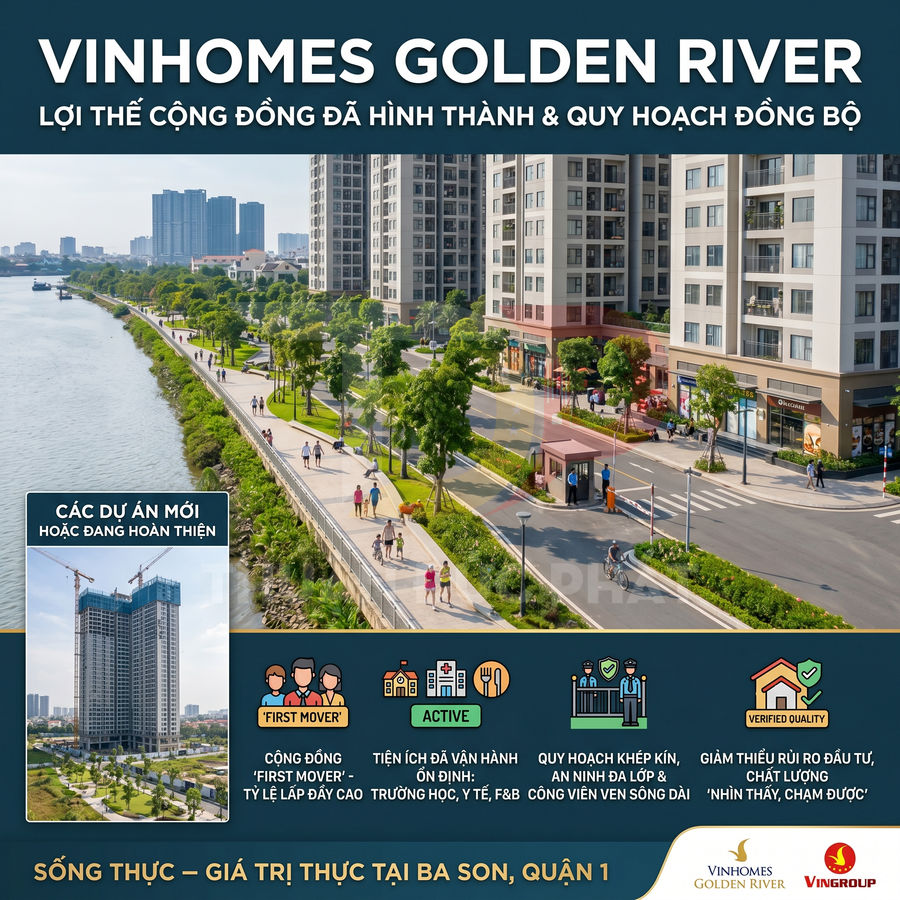 Khu căn hộ cao cấp Vinhomes Golden River ven sông với lối đi bộ, cây xanh và tiện ích hiện đại tại Ba Son Quận 1