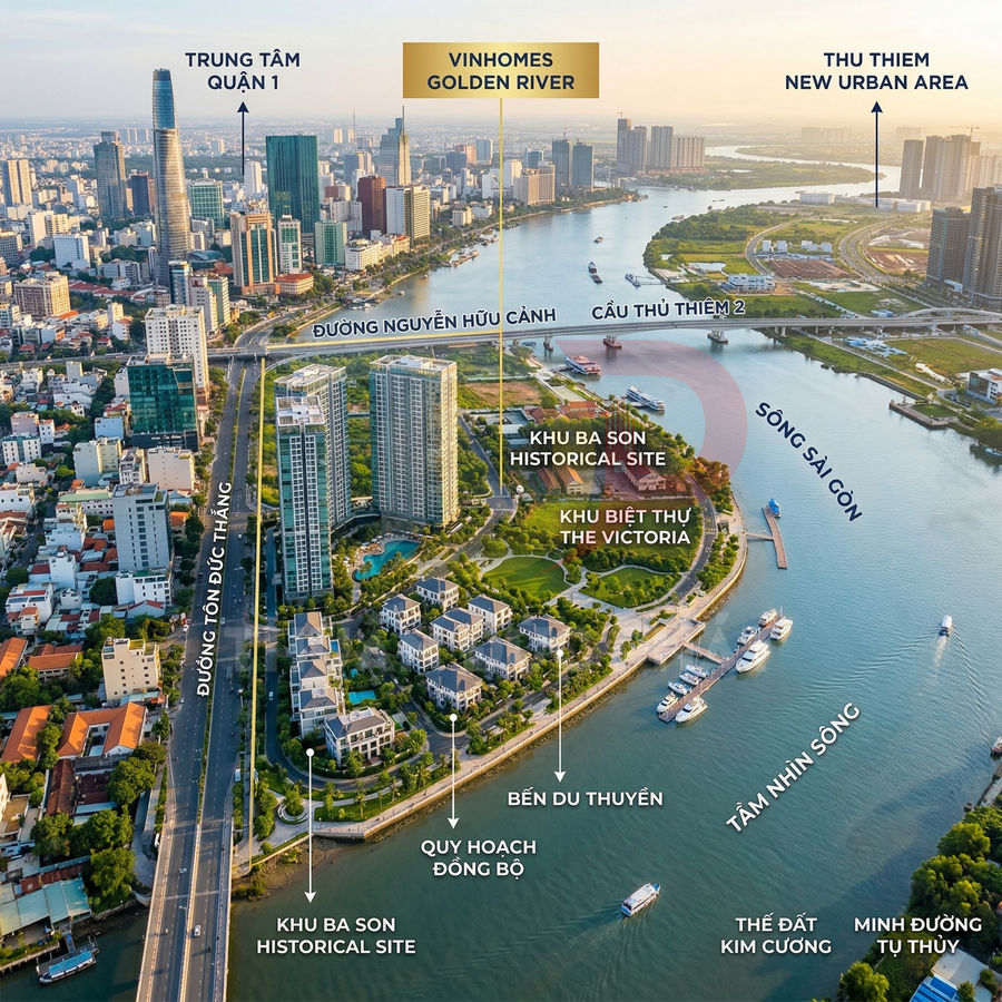 Toàn cảnh dự án căn hộ Vinhomes Golden River bên sông Sài Gòn và trung tâm Quận 1