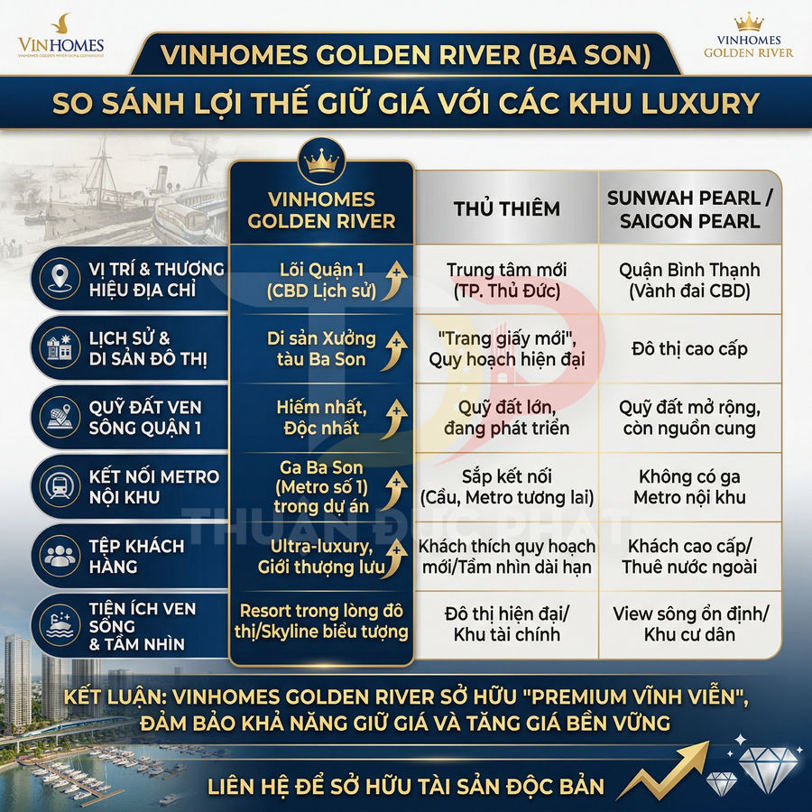 Bảng so sánh lợi thế giữ giá dự án Vinhomes Golden River Ba Son với Thủ Thiêm và Sunwah Pearl Saigon Pearl