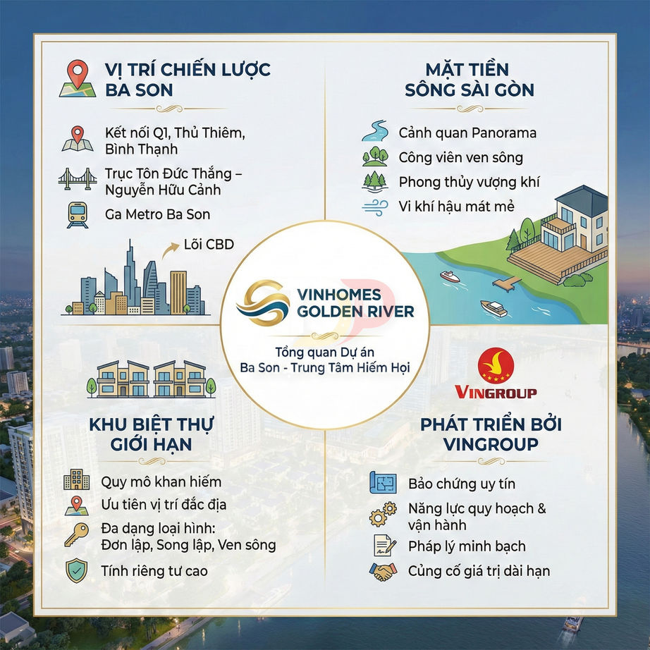 Infographic tổng quan dự án căn hộ Vinhomes Golden River Ba Son ven sông Sài Gòn do Vingroup phát triển