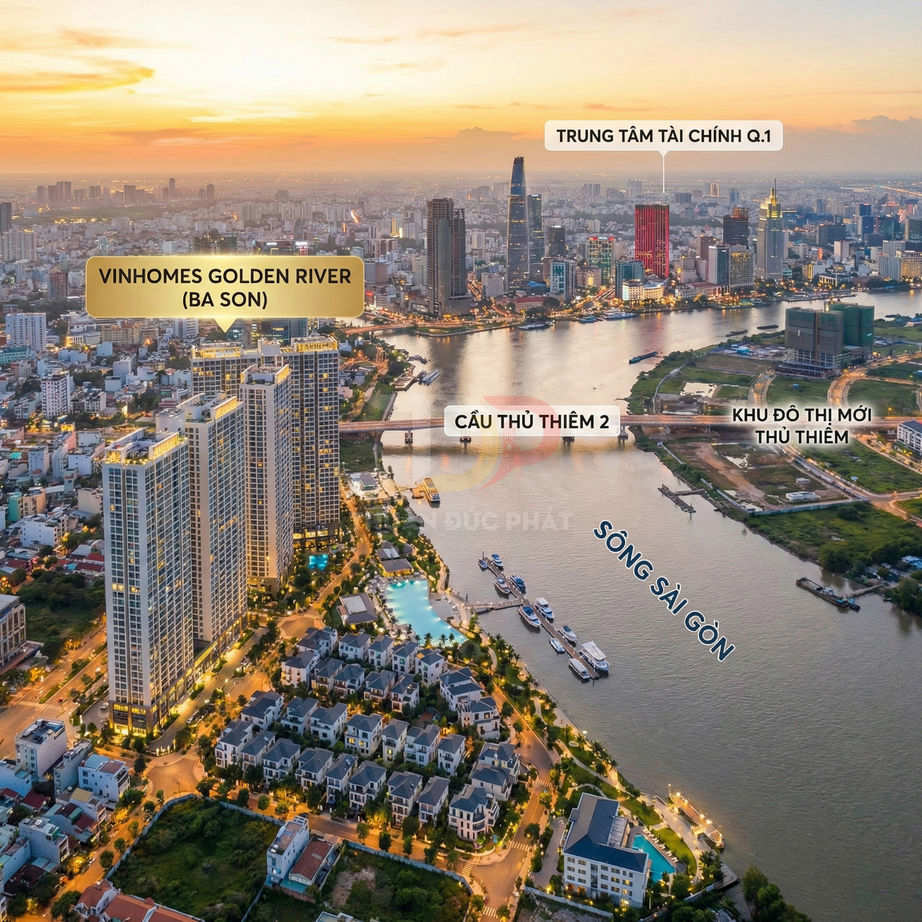 Vinhomes Golden River Ba Son ven sông Sài Gòn nhìn về trung tâm tài chính Quận 1 và cầu Thủ Thiêm 2