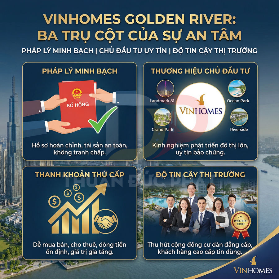 Infographic giới thiệu dự án bất động sản Vinhomes Golden River với ba trụ cột pháp lý, thương hiệu và thanh khoản