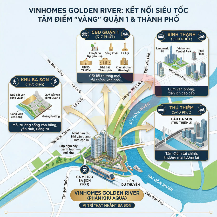 Sơ đồ vị trí dự án căn hộ Vinhomes Golden River Ba Son kết nối nhanh Quận 1, Bình Thạnh và Thủ Thiêm