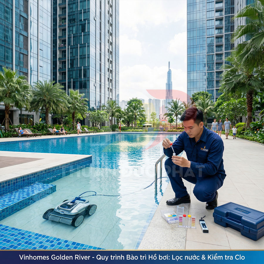 Kỹ thuật viên kiểm tra nước hồ bơi bằng bộ test clo và robot vệ sinh đáy hồ tại khu căn hộ cao tầng