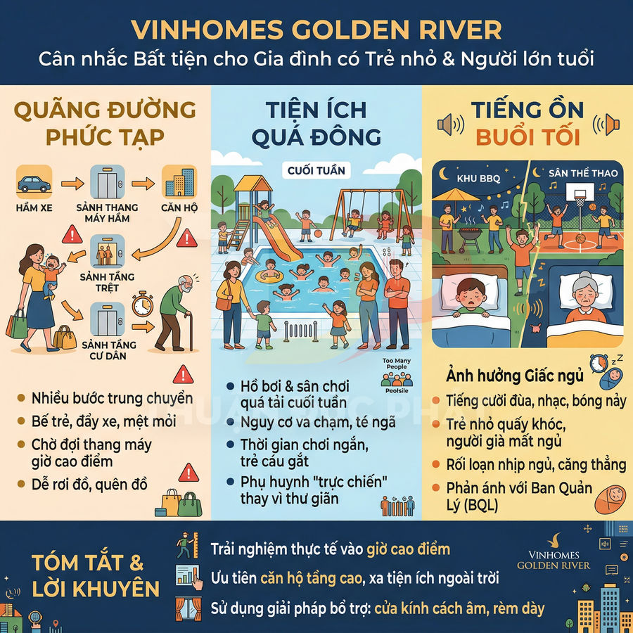 Infographic Vinhomes Golden River nêu bất tiện cho gia đình có trẻ nhỏ và người lớn tuổi, tóm tắt vấn đề và khuyến nghị