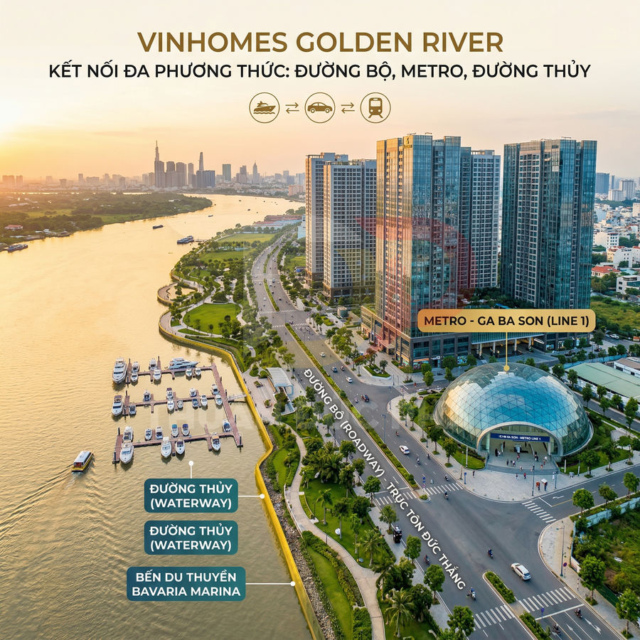 Khu căn hộ Vinhomes Golden River ven sông Sài Gòn với bến du thuyền và ga metro Ba Son Line 1