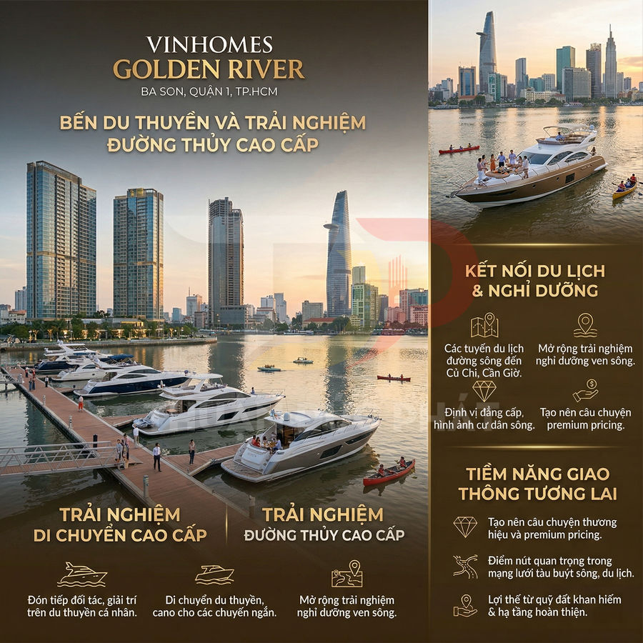 Bến du thuyền Vinhomes Golden River với nhiều du thuyền sang trọng neo đậu bên sông Sài Gòn và skyline trung tâm TP HCM