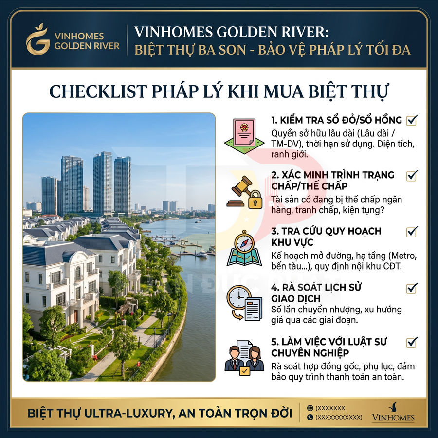 Hình ảnh quảng cáo dự án biệt thự Vinhomes Golden River Ba Son bên sông với checklist pháp lý khi mua biệt thự