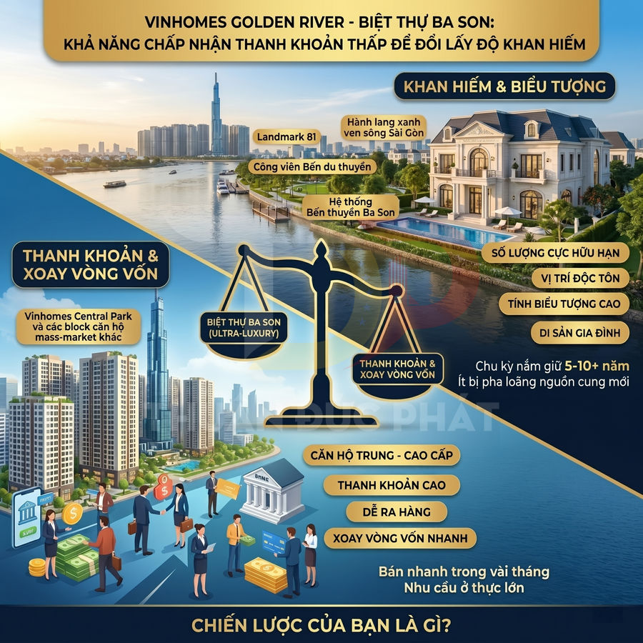 Infographic so sánh đầu tư biệt thự Vinhomes Golden River Ba Son và căn hộ Vinhomes Central Park