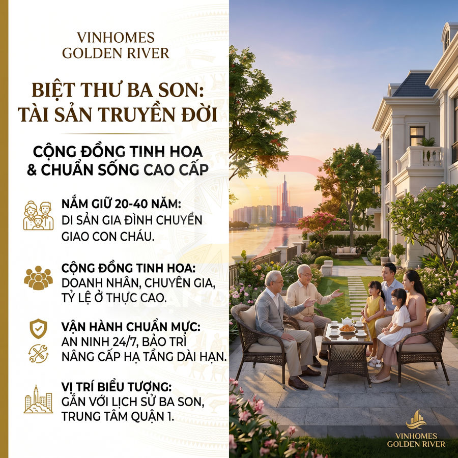 Biệt thự Vinhomes Golden River Ba Son ven sông, gia đình ba thế hệ sum vầy trong khu vườn sang trọng
