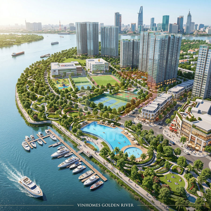 Khu đô thị Vinhomes Golden River ven sông với bến du thuyền, hồ bơi, công viên và các tòa căn hộ cao tầng