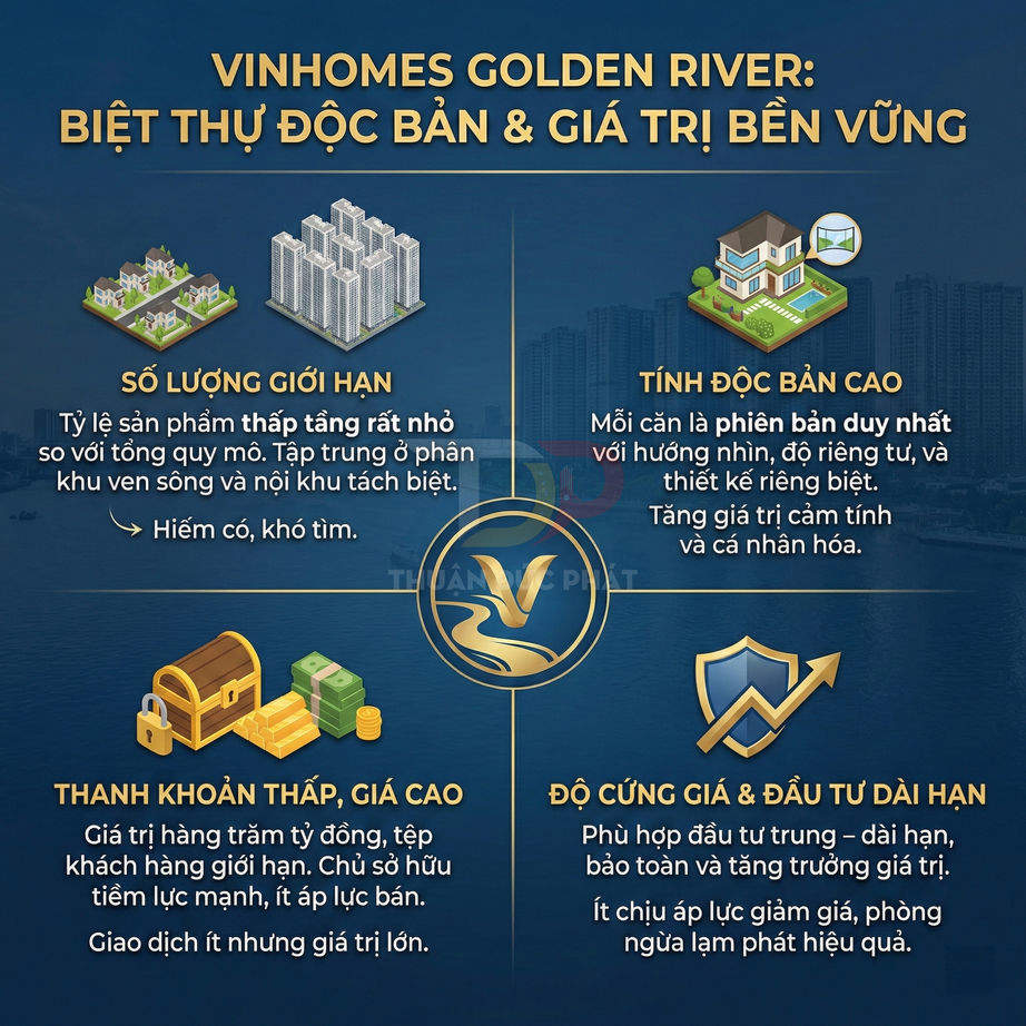 Infographic giới thiệu biệt thự Vinhomes Golden River với số lượng giới hạn, tính độc bản và giá trị đầu tư bền vững