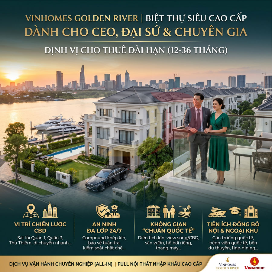 Biệt thự Vinhomes Golden River ven sông sang trọng với bến du thuyền, cặp đôi doanh nhân đứng trên ban công ngắm cảnh