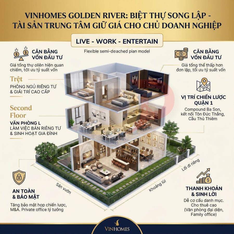 Mô hình biệt thự song lập Vinhomes Golden River 3 tầng có sân vườn, phòng ngủ, văn phòng và không gian giải trí cao cấp