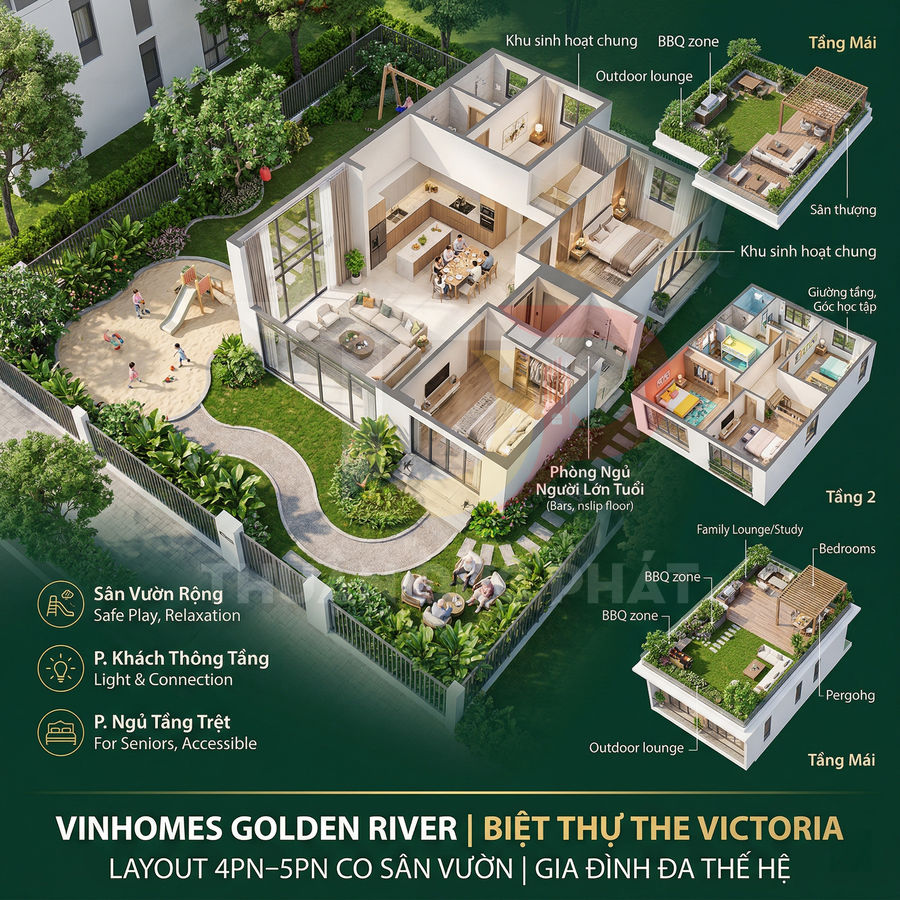 Mặt bằng biệt thự Vinhomes Golden River The Victoria nhiều tầng có sân vườn rộng và khu vui chơi trẻ em