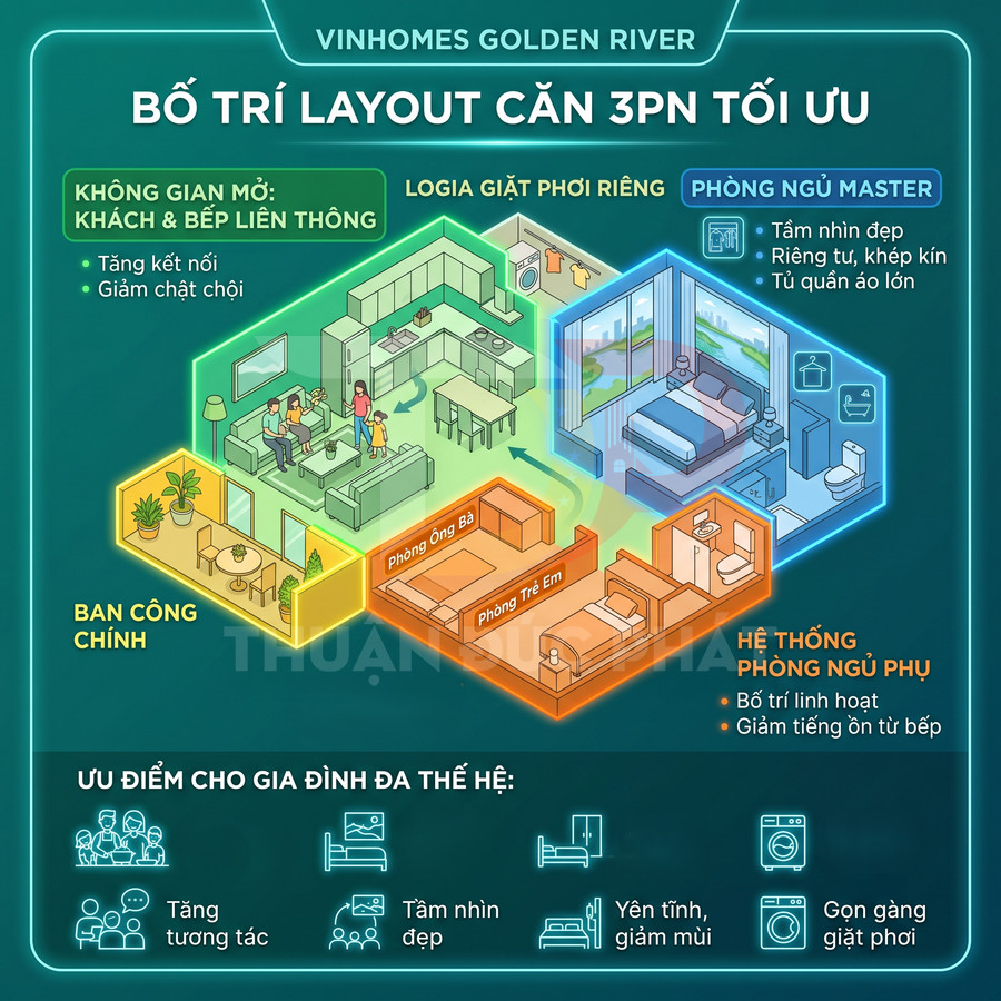 Mặt bằng căn hộ 3 phòng ngủ Vinhomes Golden River với phòng khách bếp liên thông và ban công rộng