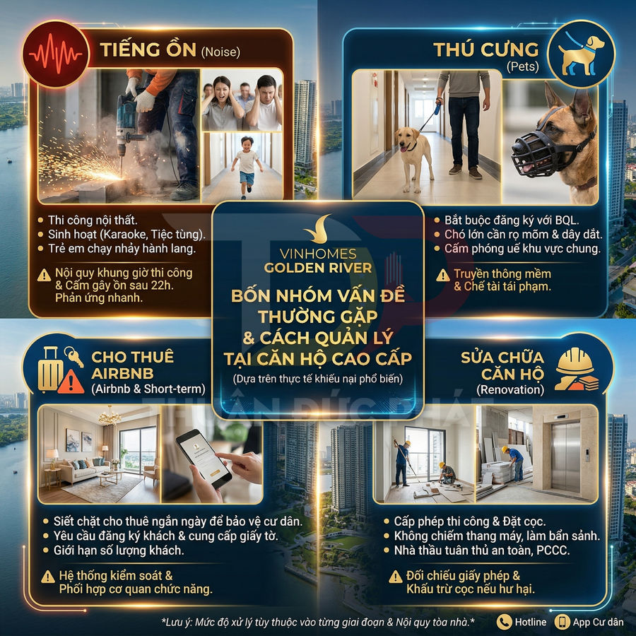 Infographic Vinhomes Golden River về bốn vấn đề quản lý căn hộ cao cấp: tiếng ồn, thú cưng, cho thuê Airbnb, sửa chữa