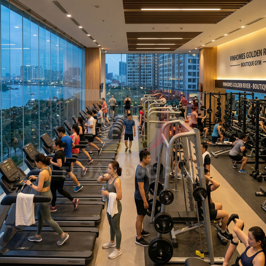 Phòng gym Vinhomes Golden River với nhiều người tập trên máy chạy bộ và khu tập tạ hiện đại nhìn ra thành phố