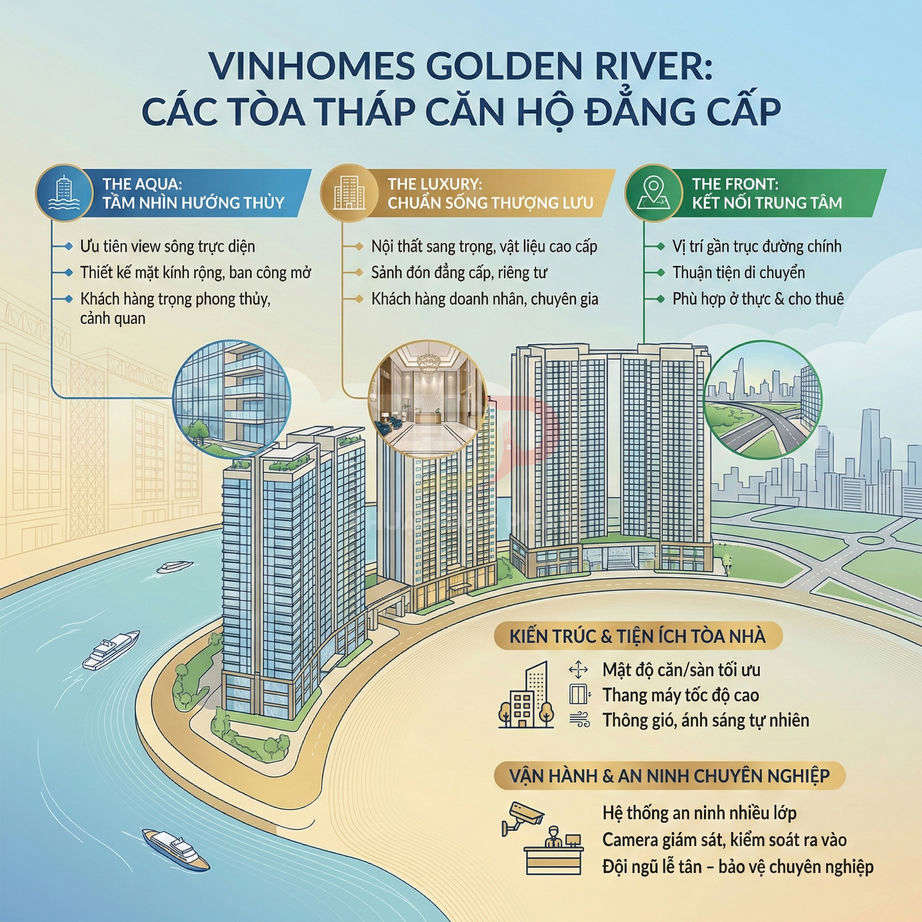 Phối cảnh dự án căn hộ cao cấp Vinhomes Golden River bên sông với các tòa tháp và tiện ích nổi bật