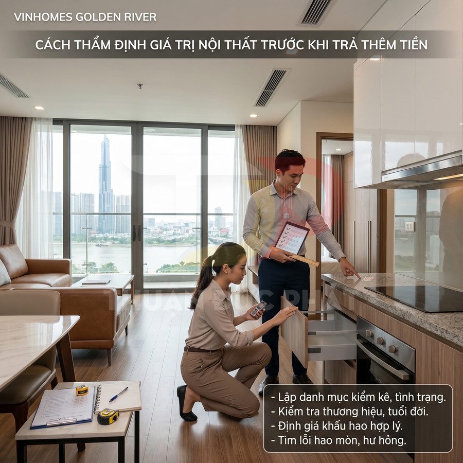 Nhân viên bất động sản kiểm tra nội thất căn hộ Vinhomes Golden River với bếp, tủ gỗ và phòng khách view sông