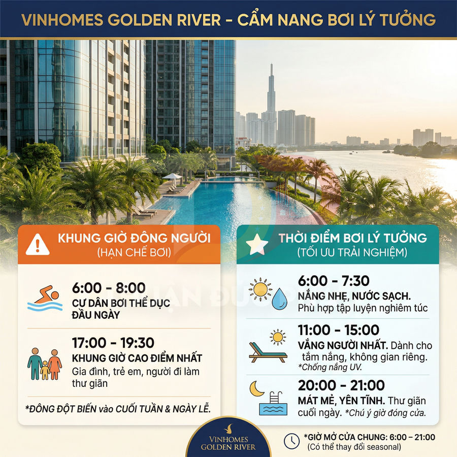 Hồ bơi ngoài trời tại Vinhomes Golden River bên sông Sài Gòn với tòa nhà cao tầng hiện đại
