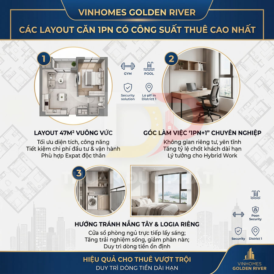 Thiết kế căn hộ 1 phòng ngủ Vinhomes Golden River với layout 47m2, góc làm việc và logia riêng tối ưu cho thuê
