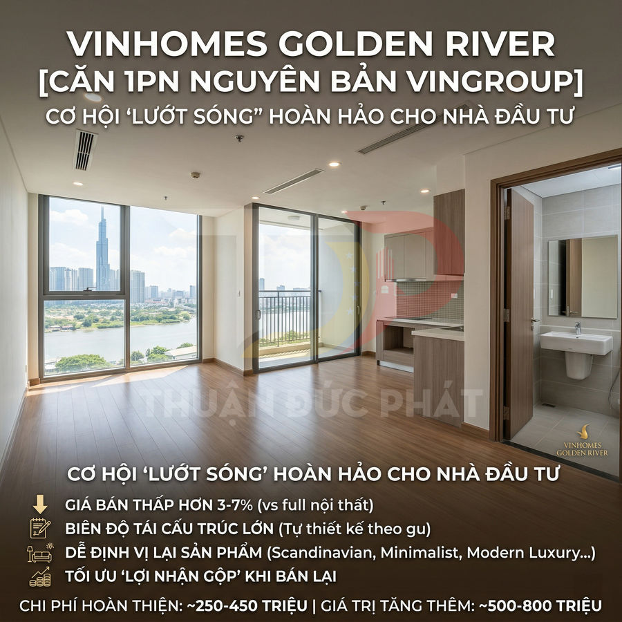 Căn hộ 1 phòng ngủ Vinhomes Golden River bàn giao nguyên bản, view sông và Landmark 81, phù hợp nhà đầu tư