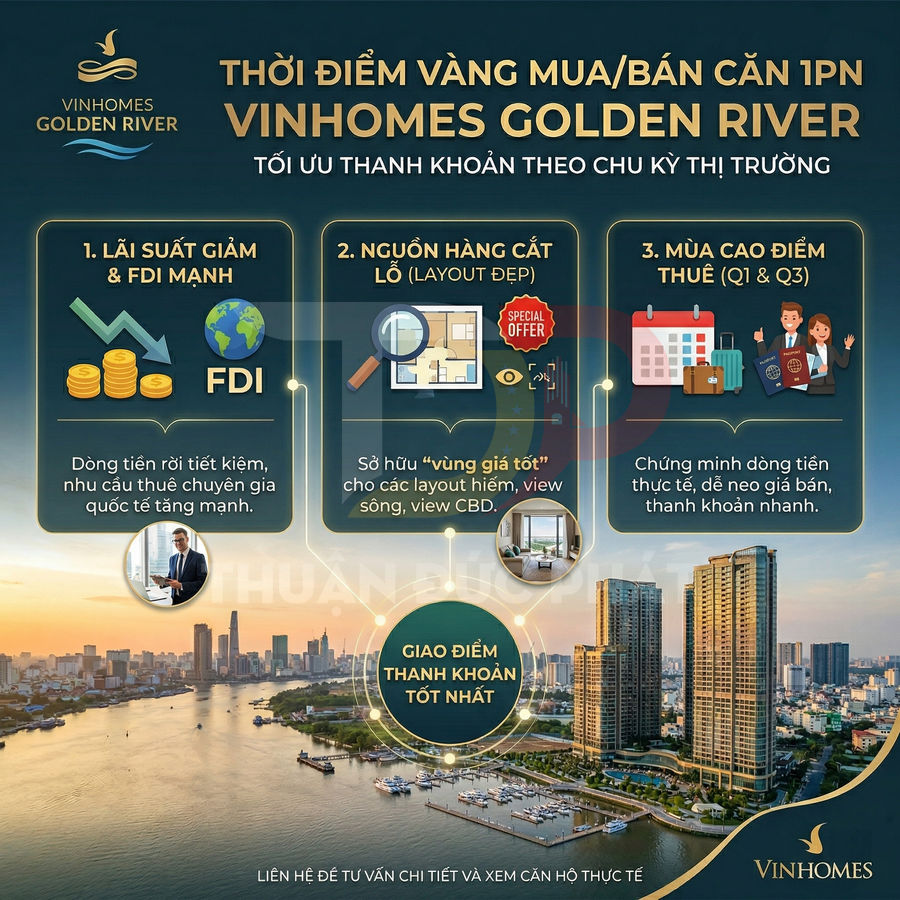 Infographic giới thiệu thời điểm vàng mua bán căn hộ 1PN dự án Vinhomes Golden River bên sông Sài Gòn