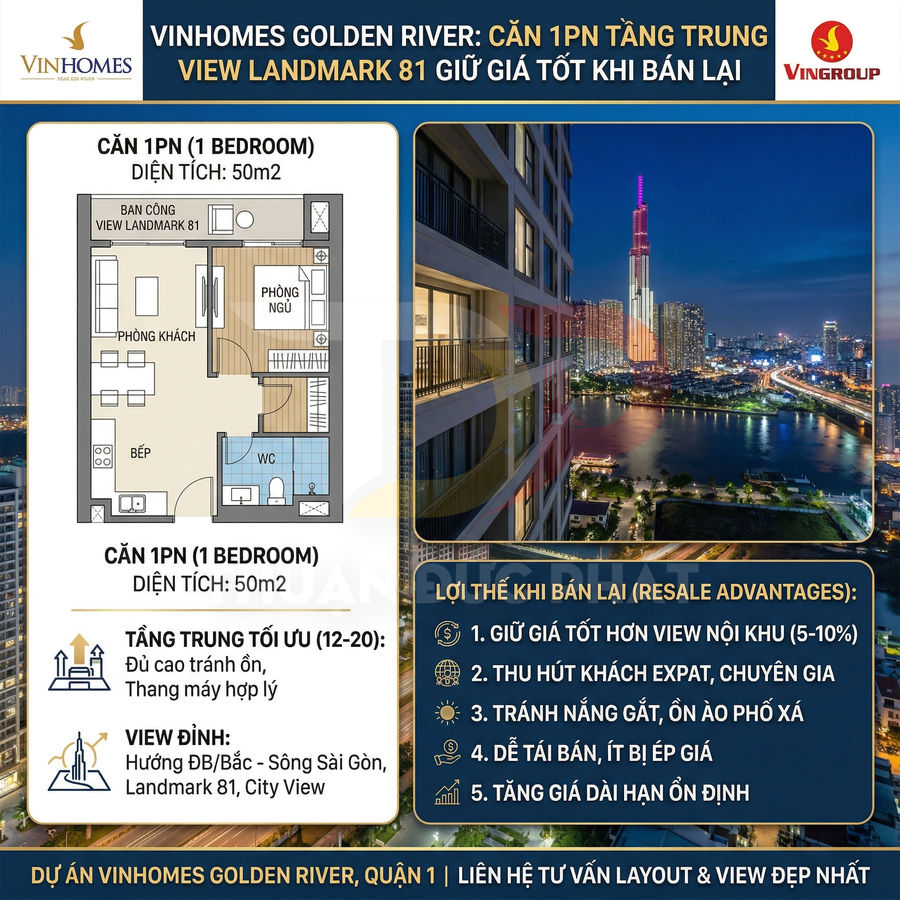 Căn hộ 1 phòng ngủ 50m2 Vinhomes Golden River view Landmark 81 và sông Sài Gòn, layout tối ưu tầng trung
