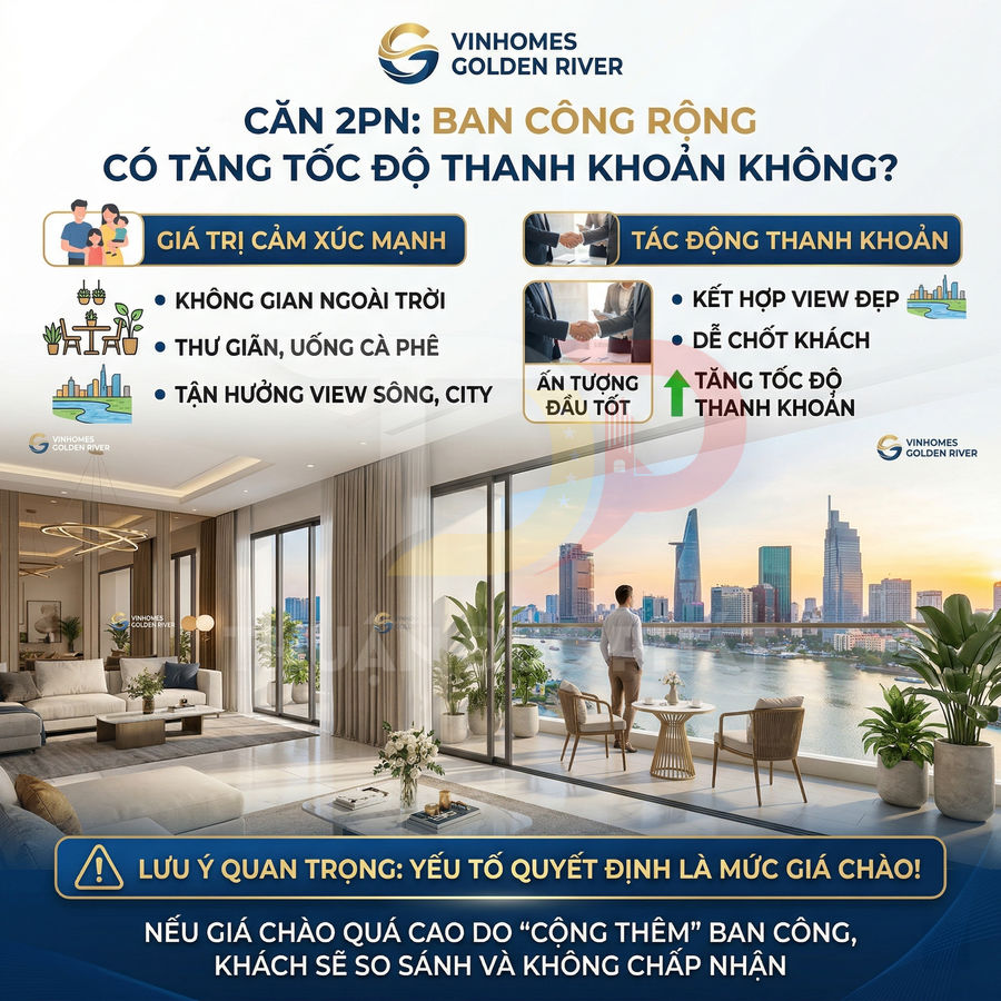 Căn hộ 2 phòng ngủ Vinhomes Golden River với ban công rộng view sông và thành phố, nội thất sang trọng