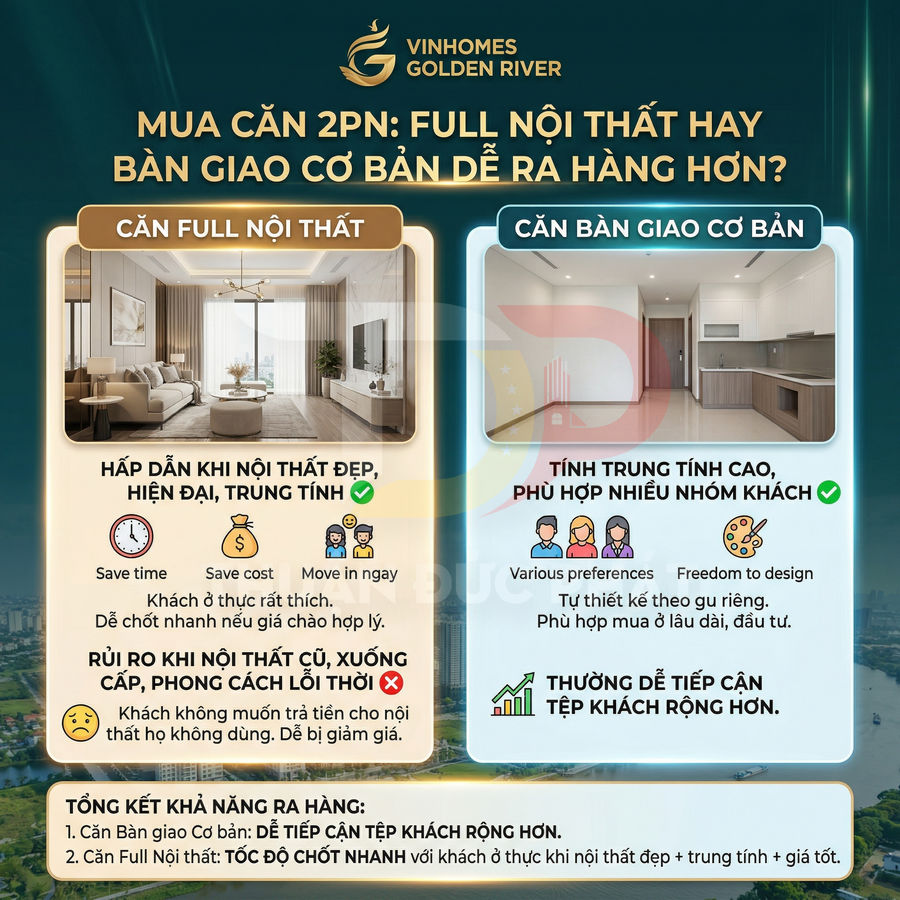 So sánh căn hộ 2 phòng ngủ Vinhomes Golden River full nội thất và bàn giao cơ bản để đầu tư cho thuê