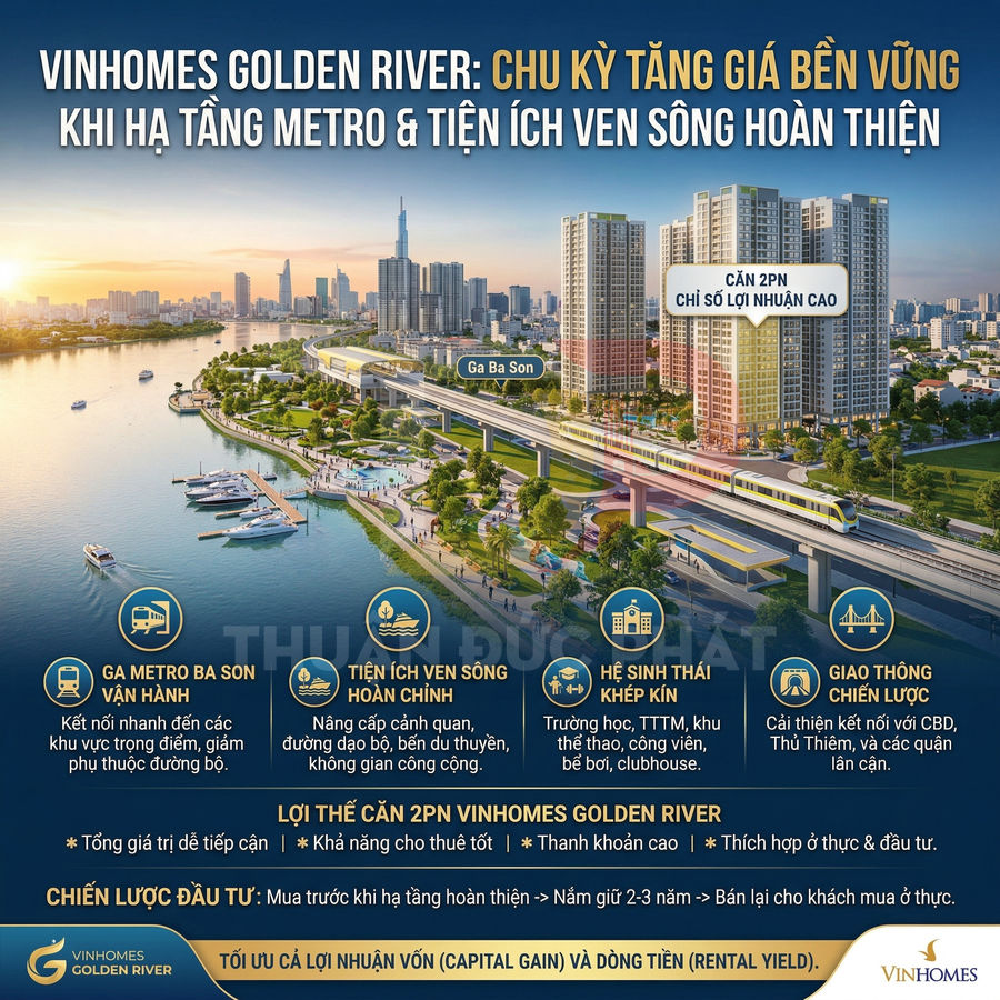 Phối cảnh dự án căn hộ Vinhomes Golden River ven sông Sài Gòn cạnh ga metro Ba Son và tiện ích hiện đại