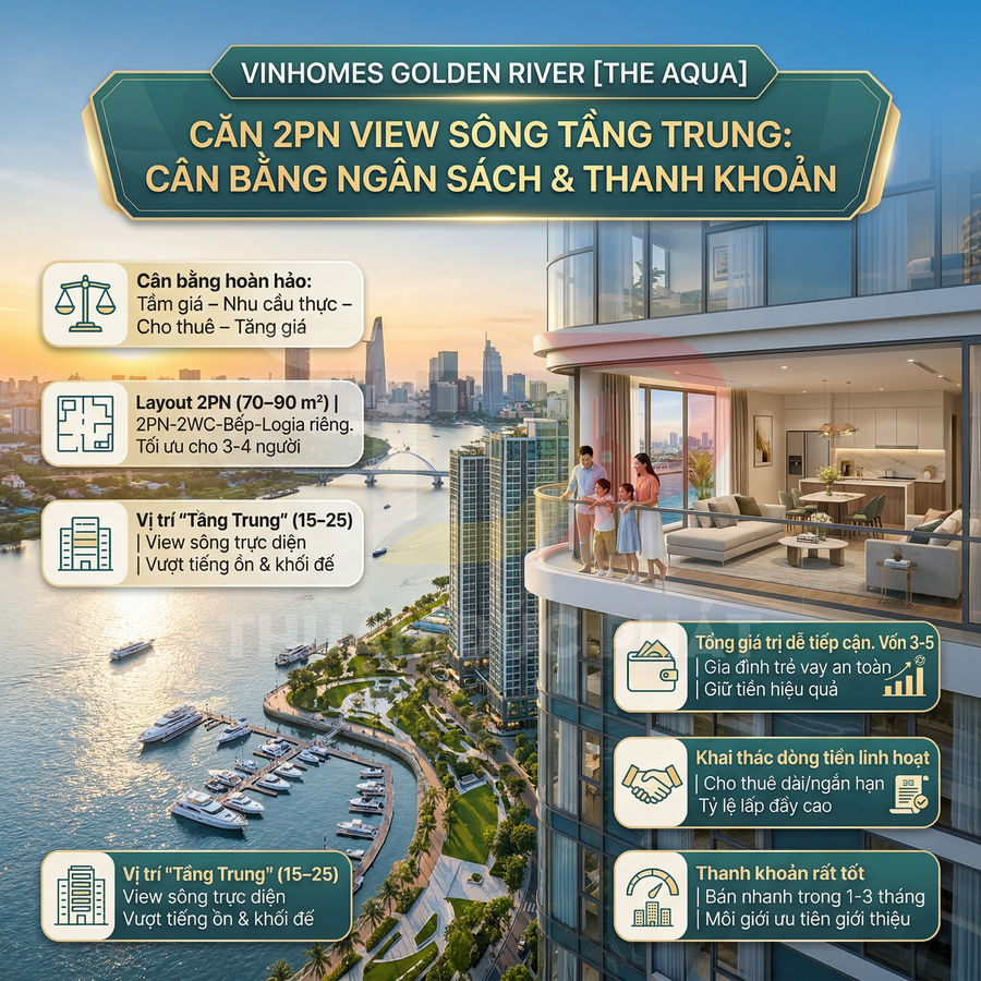 Căn hộ Vinhomes Golden River The Aqua 2 phòng ngủ view sông tầng trung với ban công rộng và nội thất hiện đại