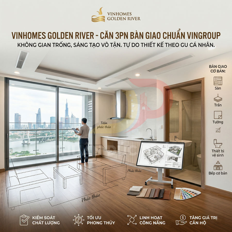 Căn hộ Vinhomes Golden River 3 phòng ngủ bàn giao thô, khách đứng ngắm view sông và thành phố từ cửa kính