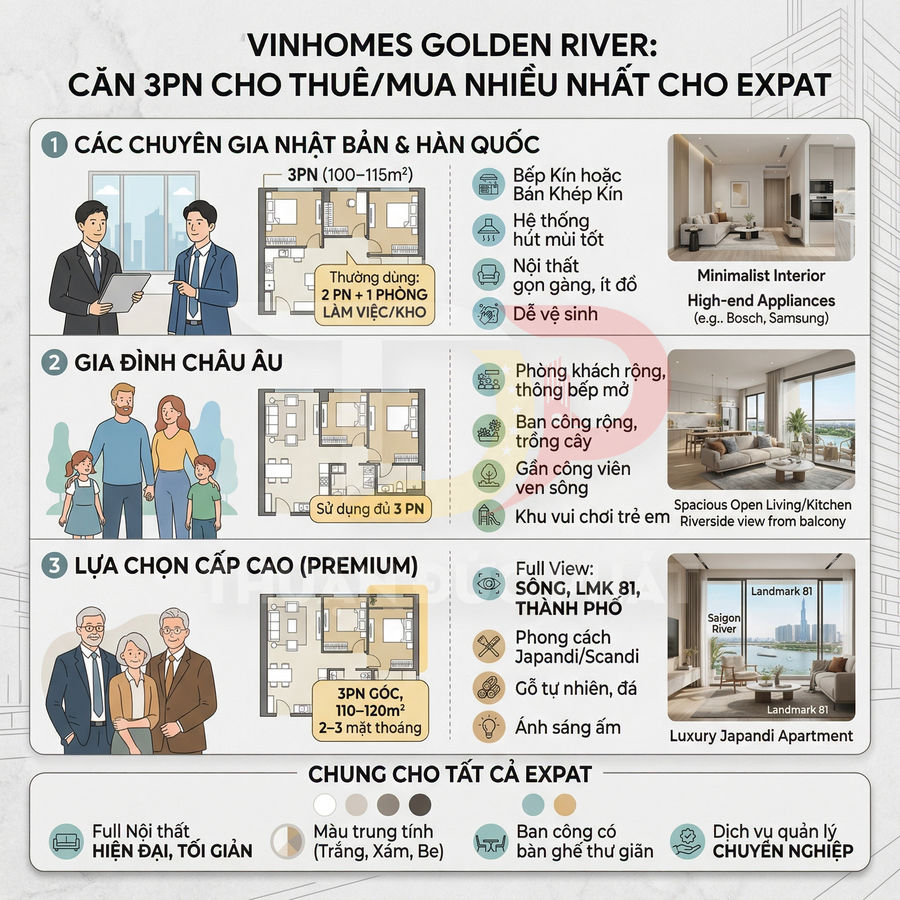 Infographic giới thiệu căn hộ 3 phòng ngủ Vinhomes Golden River cho thuê mua nhiều nhất cho expat