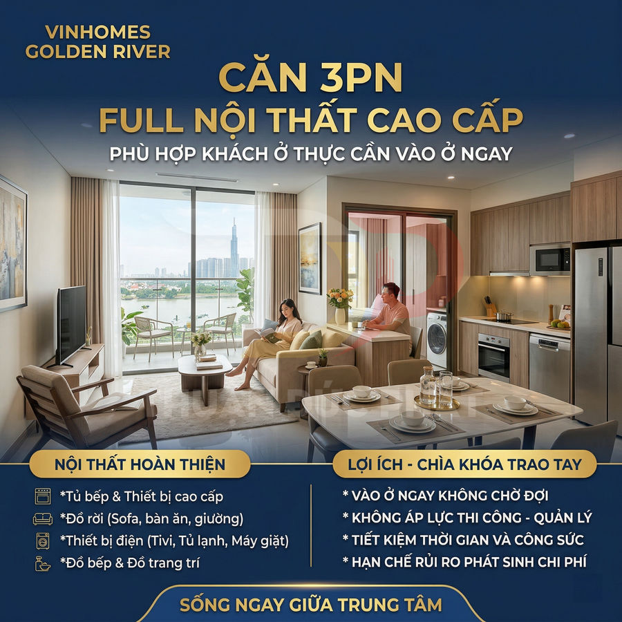 Căn hộ Vinhomes Golden River 3 phòng ngủ full nội thất cao cấp, phòng khách bếp view sông sang trọng