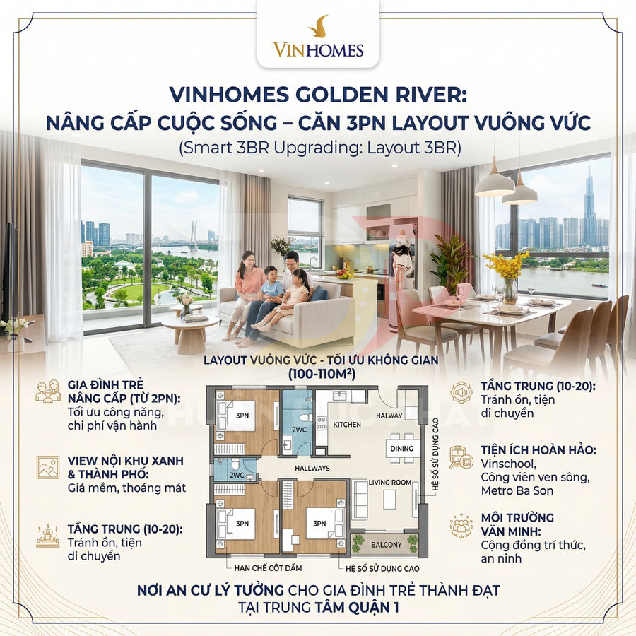 Căn hộ 3 phòng ngủ Vinhomes Golden River view sông và thành phố, thiết kế hiện đại cho gia đình trẻ