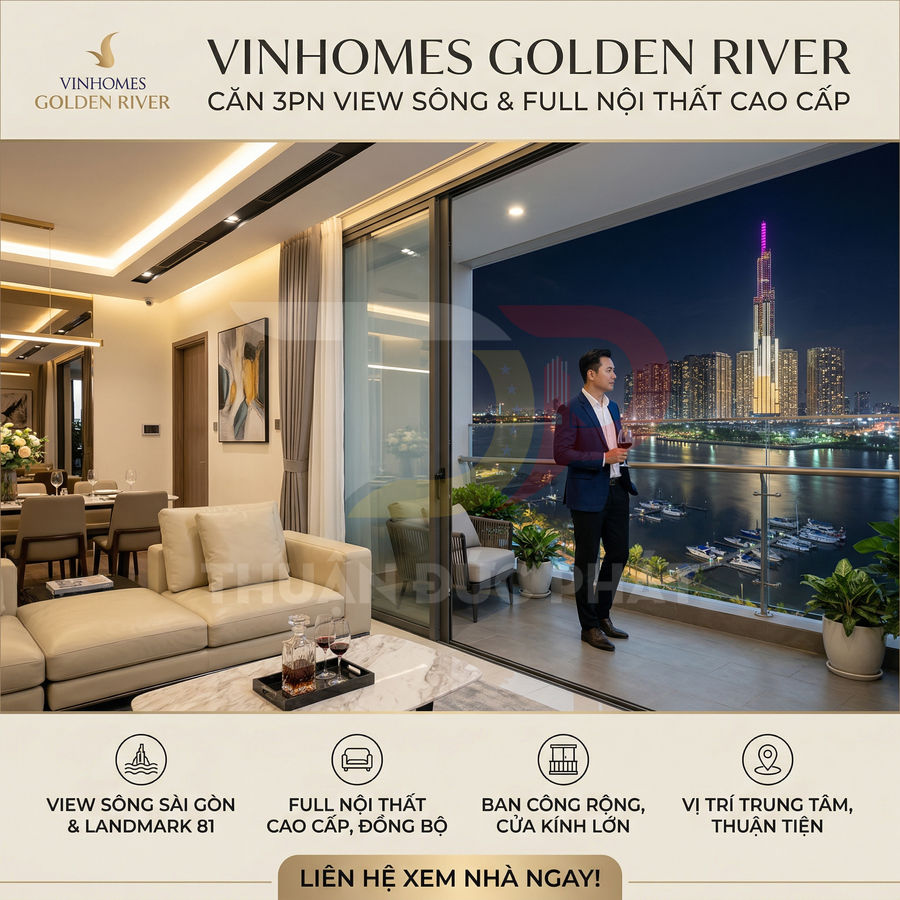 Căn hộ Vinhomes Golden River 3 phòng ngủ nội thất cao cấp, ban công rộng view sông Sài Gòn và Landmark 81