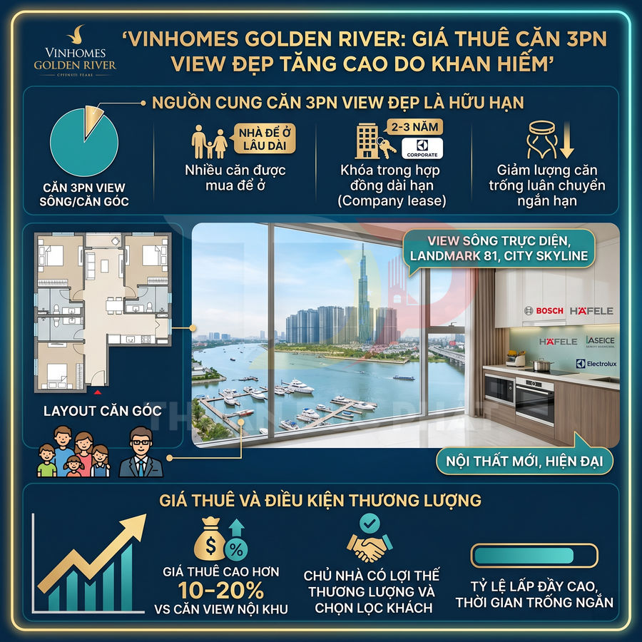 Căn hộ 3 phòng ngủ Vinhomes Golden River view sông Sài Gòn, Landmark 81, nội thất bếp hiện đại Bosch Hafele Electrolux